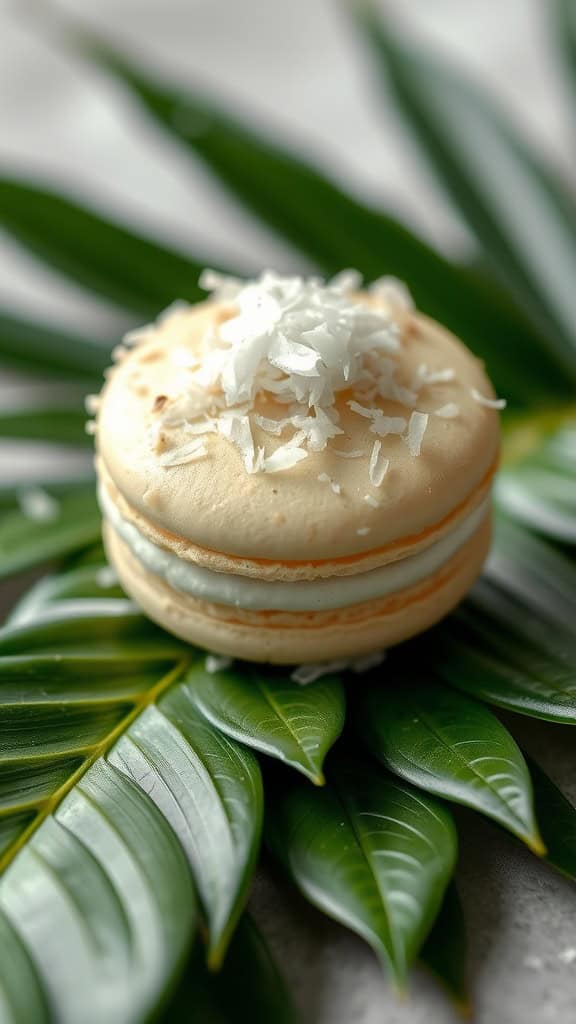 Coconut Cream Macaron on a leaf