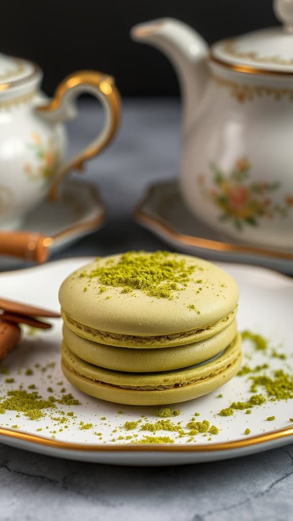 Creamy Matcha Green Tea Macaron stacked on a plate with matcha powder sprinkled around.