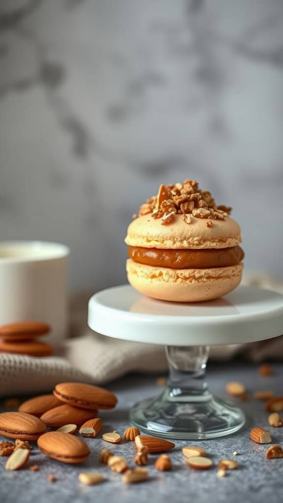 Crunchy Almond Praline Macaron on a stand with scattered almonds around.