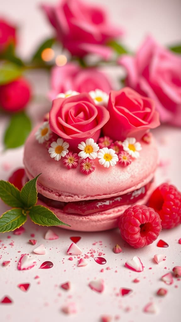 Raspberry Rose Macaron with raspberry and rose decorations