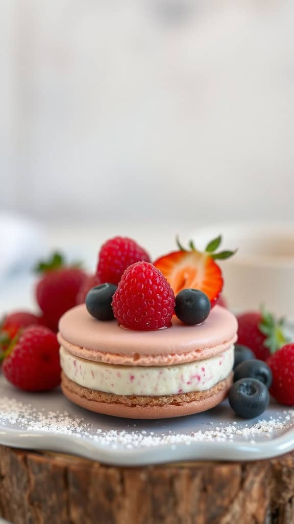 A beautifully arranged Strawberry Cheesecake Macaron with fresh berries.