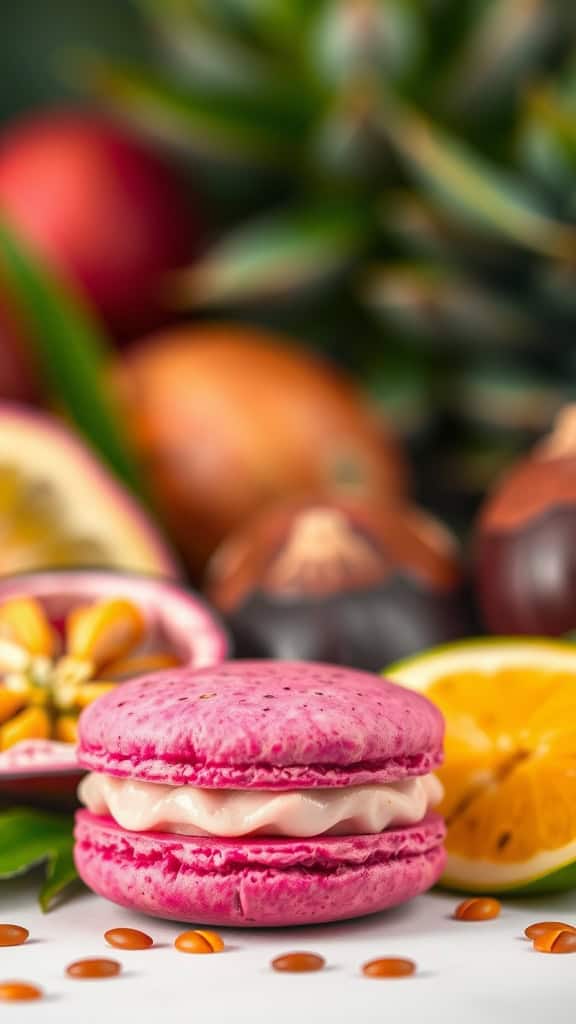 A vibrant pink macaron filled with passion fruit cream, surrounded by tropical fruits.