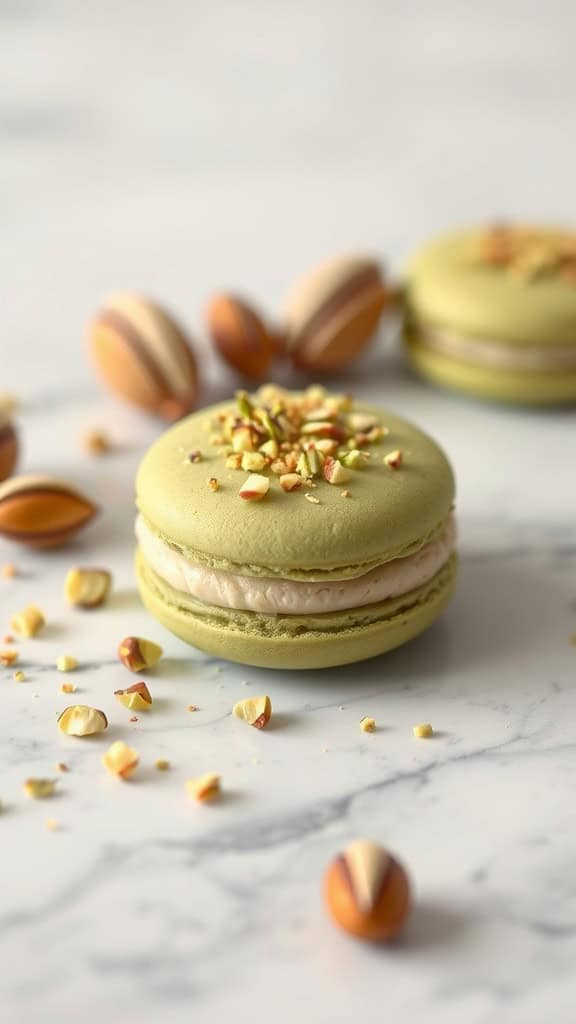 Nutty pistachio macarons with crushed pistachios on top.