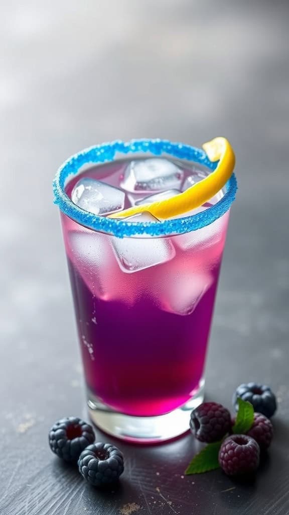 A vibrant blue raspberry cocktail with a lemon twist garnish, served in a glass with a blue sugar rim.