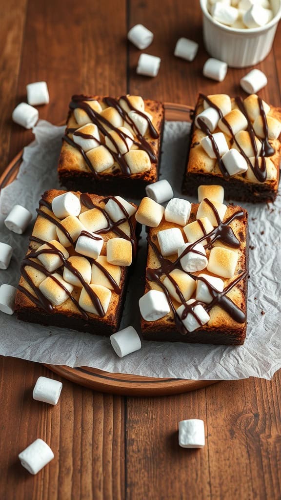 Delicious s'mores brownies topped with marshmallows, chocolate drizzle, and graham crackers.