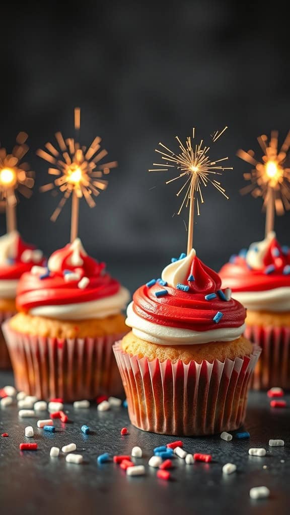 Firecracker Cupcakes decorated with red and white frosting topped with sparkler candles