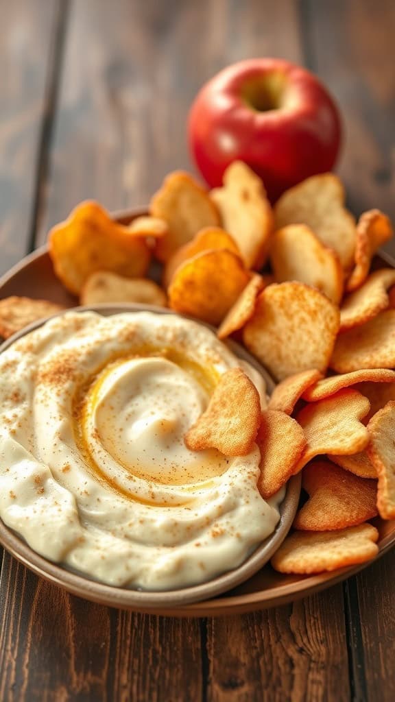 A bowl of creamy apple pie dip surrounded by cinnamon chips and a red apple