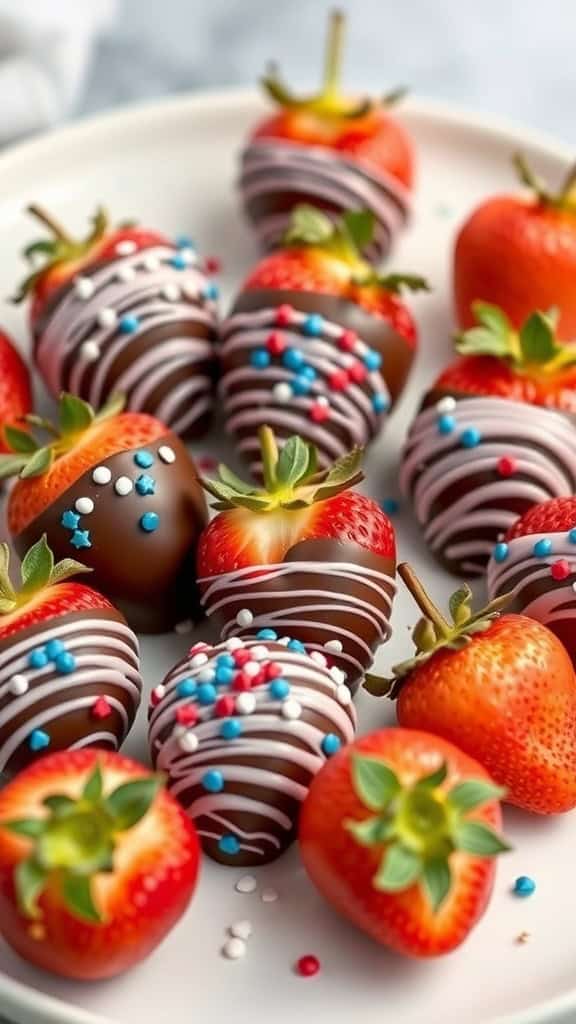 Plate of chocolate covered strawberries with festive sprinkles