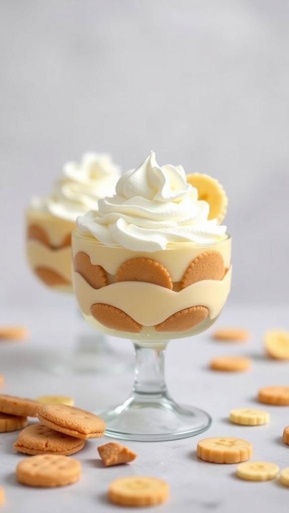 Banana pudding cups with whipped cream and vanilla wafers.