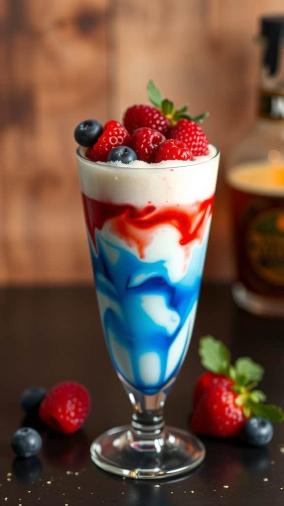 A colorful patriotic layered cocktail with red, white, and blue ingredients topped with berries.