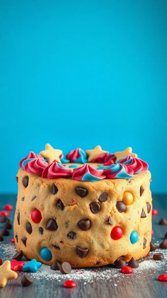 A colorful chocolate chip cookie cake decorated with frosting and candies.
