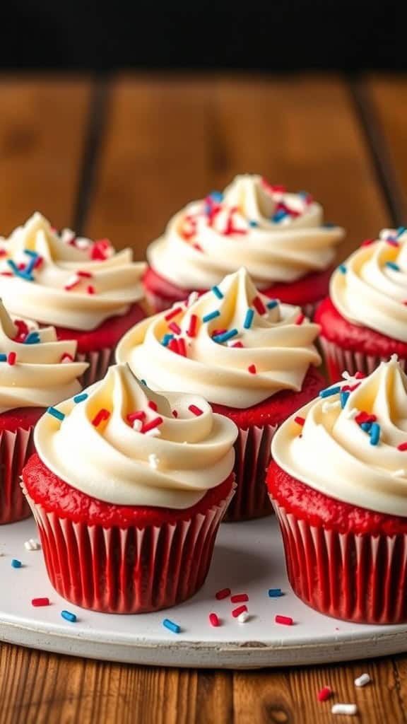 Delicious red velvet cupcakes with cream cheese frosting and festive sprinkles, perfect for Memorial Day.