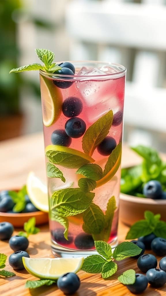A refreshing Blueberry Mojito cocktail garnished with mint leaves, blueberries, and lime wedges.