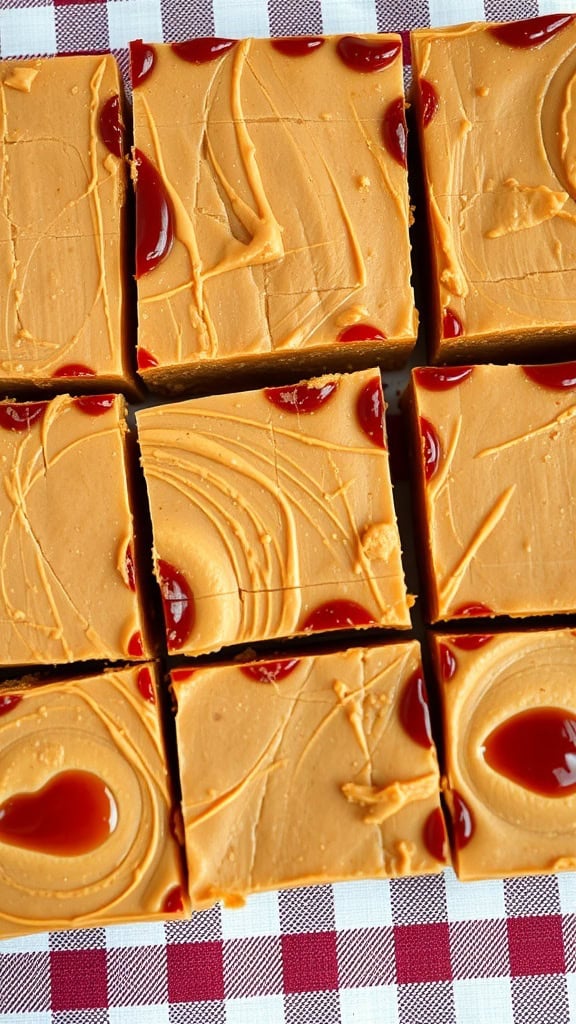 Peanut butter and jelly bars cut into squares, drizzled with jelly on top.