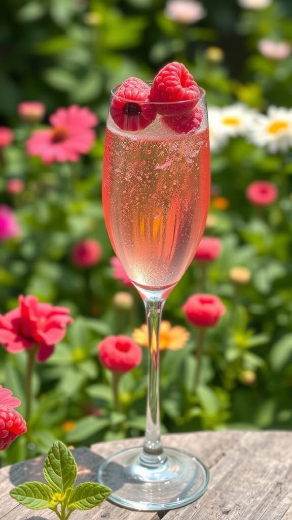 A refreshing Raspberry Bellini cocktail garnished with fresh raspberries, set against a colorful floral backdrop.