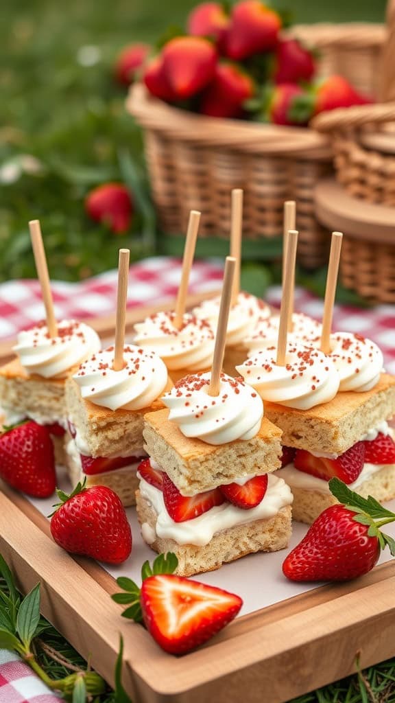 Delicious strawberry shortcake skewers with cake, strawberries, and whipped cream