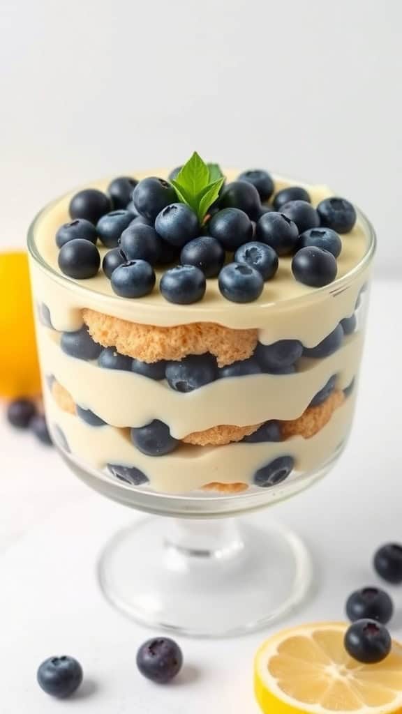 A lemon blueberry trifle with layers of cake, pudding, and blueberries.