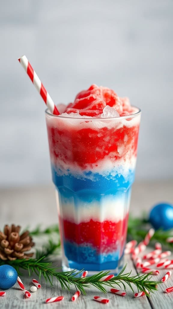 A colorful layered Red White and Blue Slushy in a glass