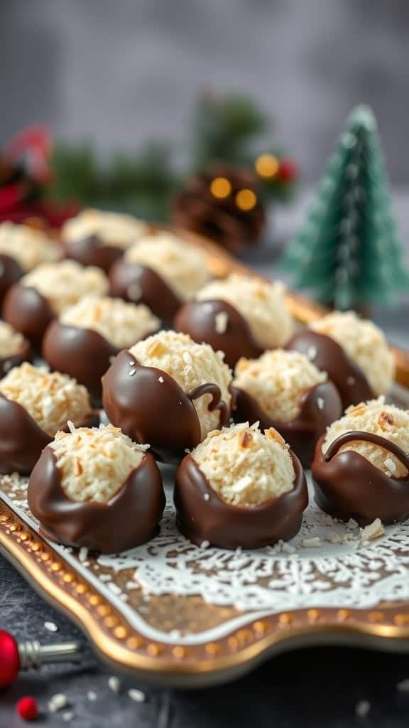Coconut macaroons dipped in chocolate on a decorative plate.