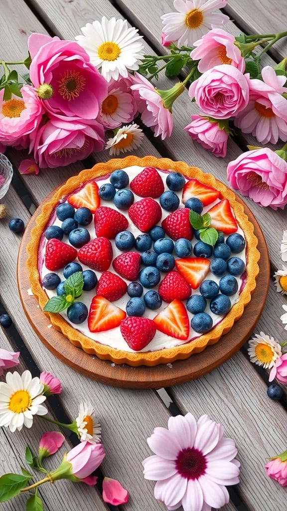 A vibrant berry tart with strawberries, raspberries, and blueberries on an almond crust, surrounded by colorful flowers.