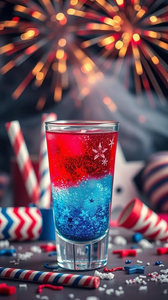 A colorful Firecracker Shot cocktail with layers of red, white, and blue against a backdrop of fireworks.