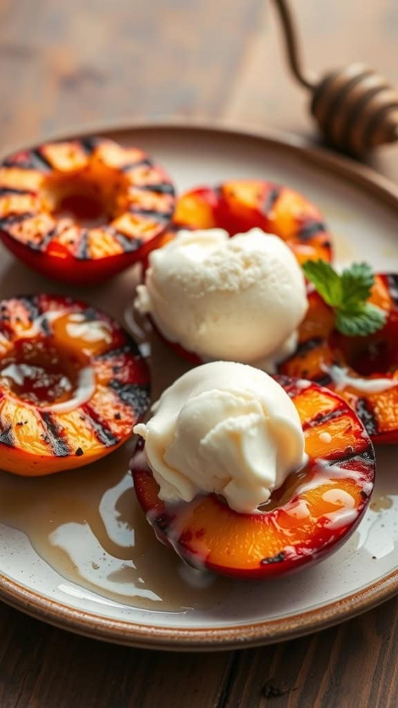Grilled peaches topped with vanilla ice cream and honey