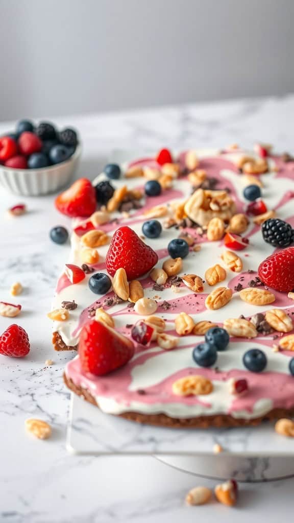 A colorful frozen yogurt bark topped with fresh berries and nuts.