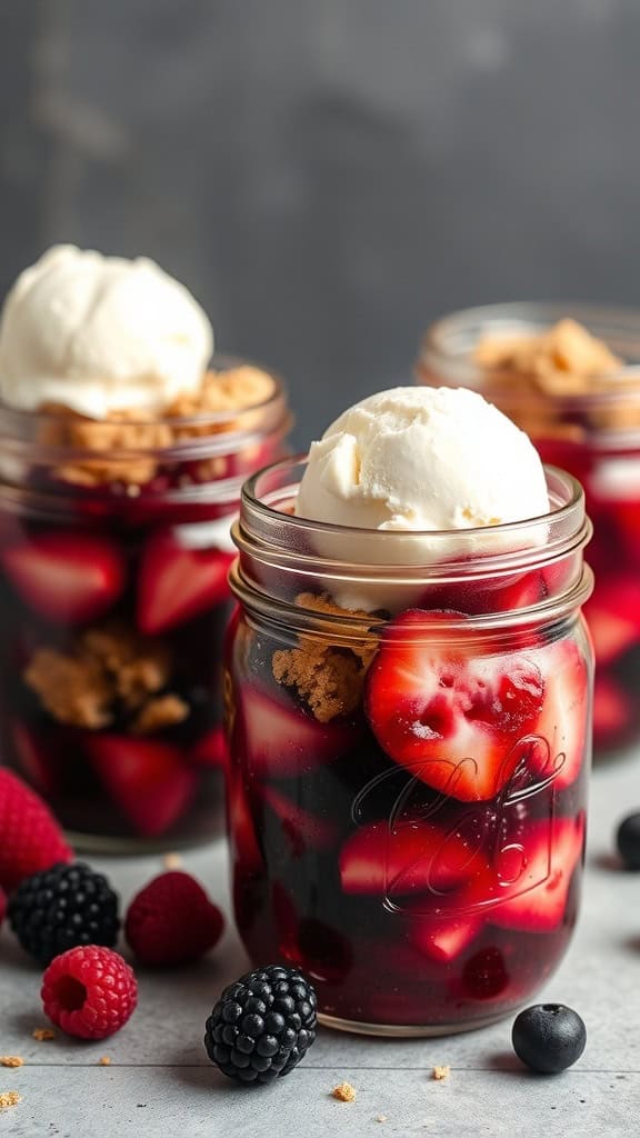 Mason jar berry crumble dessert with ice cream on top.