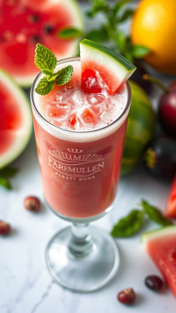 A refreshing Watermelon Frosé cocktail garnished with mint and watermelon slices, set against a vibrant background of fruit.