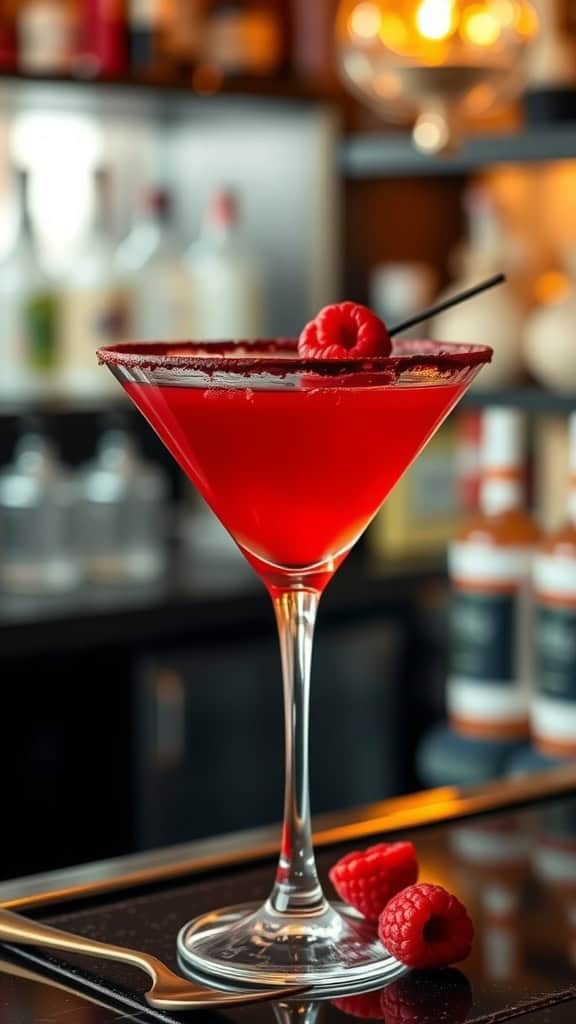 A vibrant Red Velvet Martini garnished with a raspberry, showcasing a festive summer cocktail.