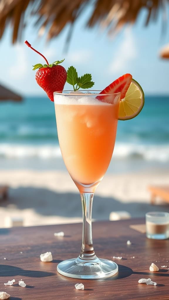 A vibrant Strawberry Daiquiri in a glass, garnished with a strawberry and a slice of lime, set against a beach backdrop.