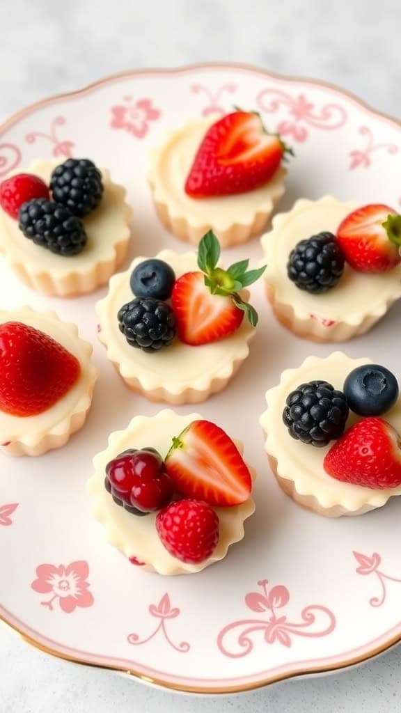 A plate of no-bake cheesecake bites topped with fresh berries.