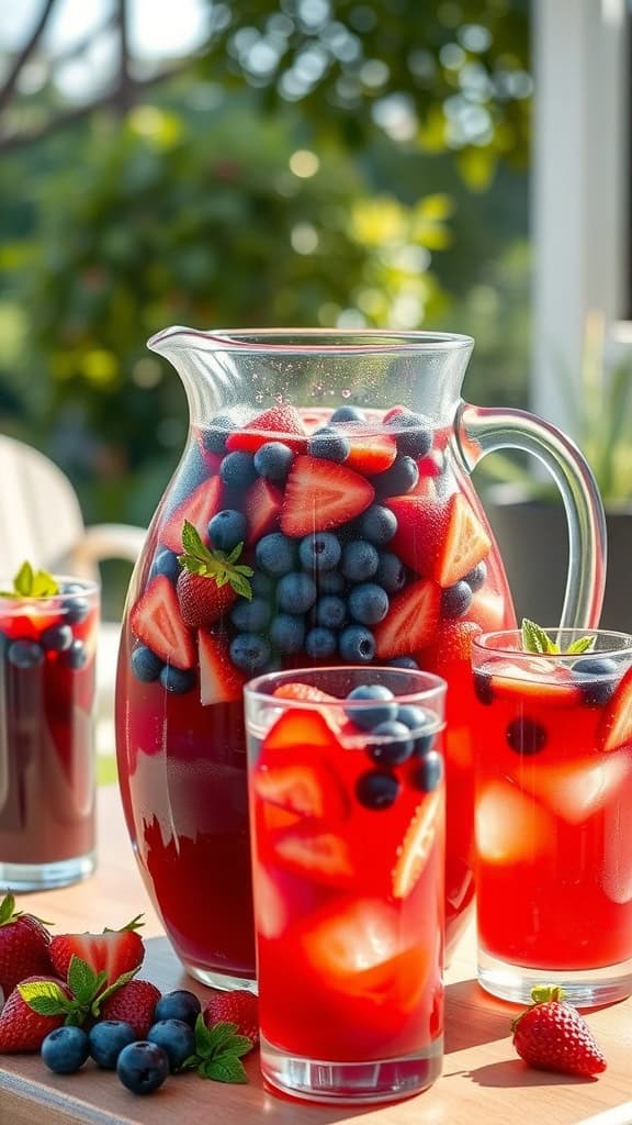 A pitcher of Berry Blast Sangria with strawberries and blueberries