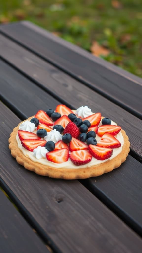 A colorful fruit pizza topped with strawberries and blueberries on a wooden table
