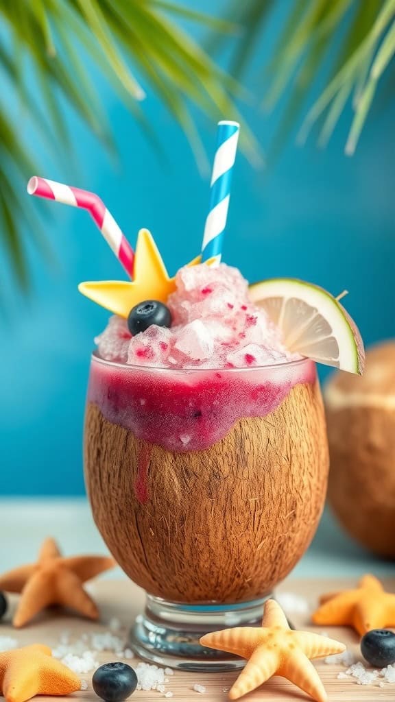 A refreshing Coconut Blueberry Slush in a coconut shell cup with decorative straws.
