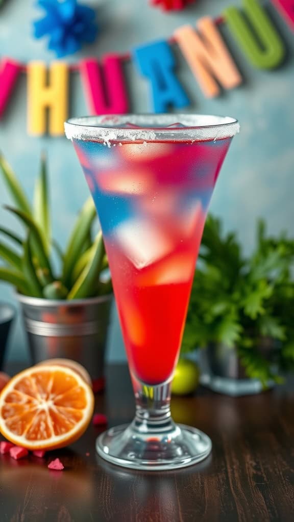 A colorful Red, White, and Blue Margarita in a tall glass with ice, garnished with a lime wedge