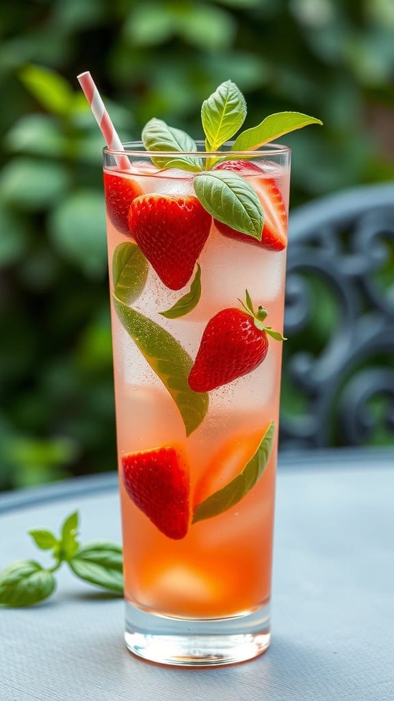 A refreshing Strawberry Basil Spritzer in a tall glass, garnished with strawberries and basil.