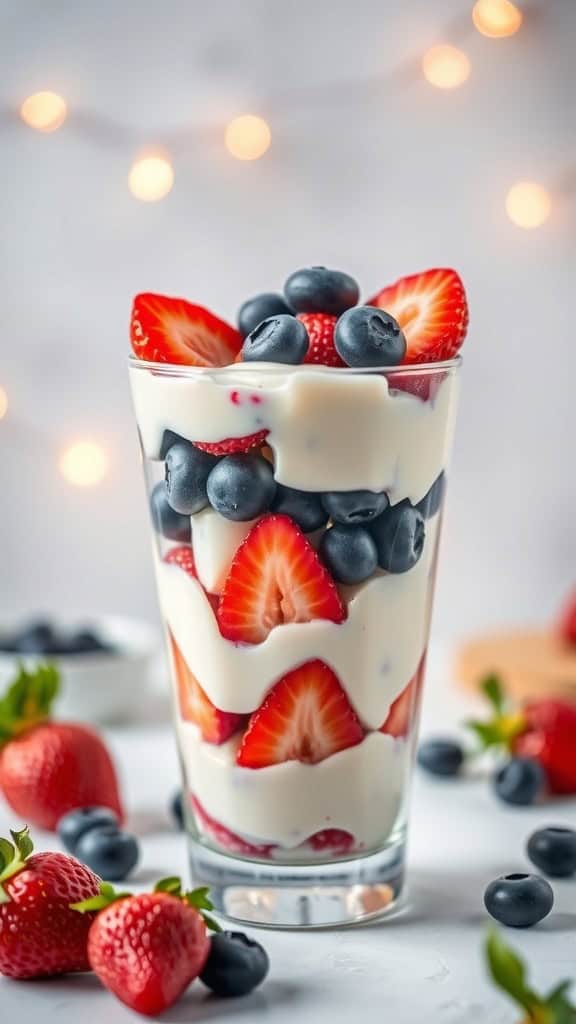 Red, White, and Blueberry Parfaits with strawberries and blueberries in a glass