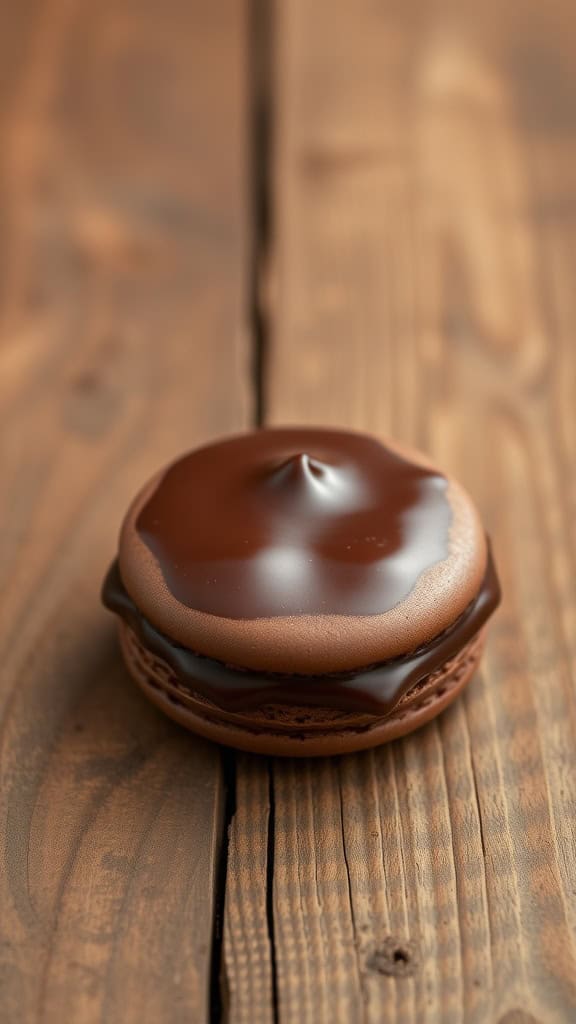 Rich chocolate ganache macaron on a wooden surface