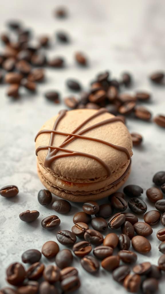 Rich Mocha Macaron surrounded by coffee beans