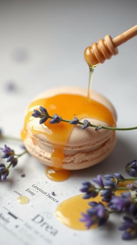 A close-up of a lavender honey macaron with honey being drizzled on it