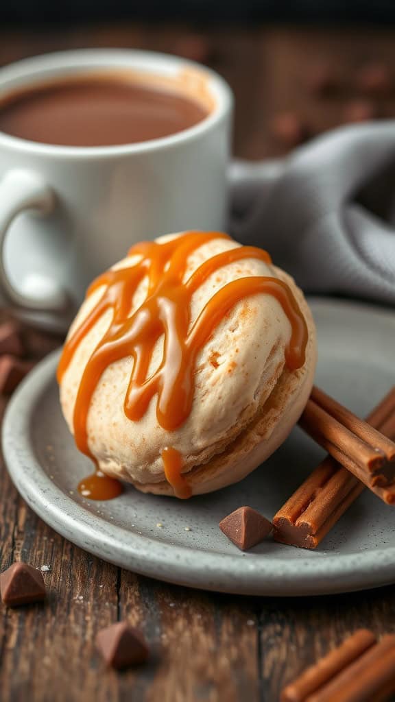 A beautifully presented salted caramel macaron drizzled with sauce