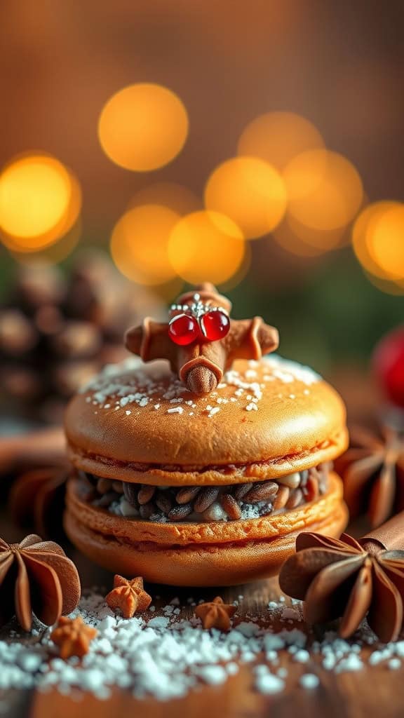 Spicy gingerbread macaron decorated for the holidays.