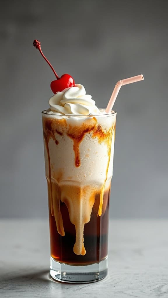 A frothy root beer float with whipped cream and a cherry on top in a tall glass
