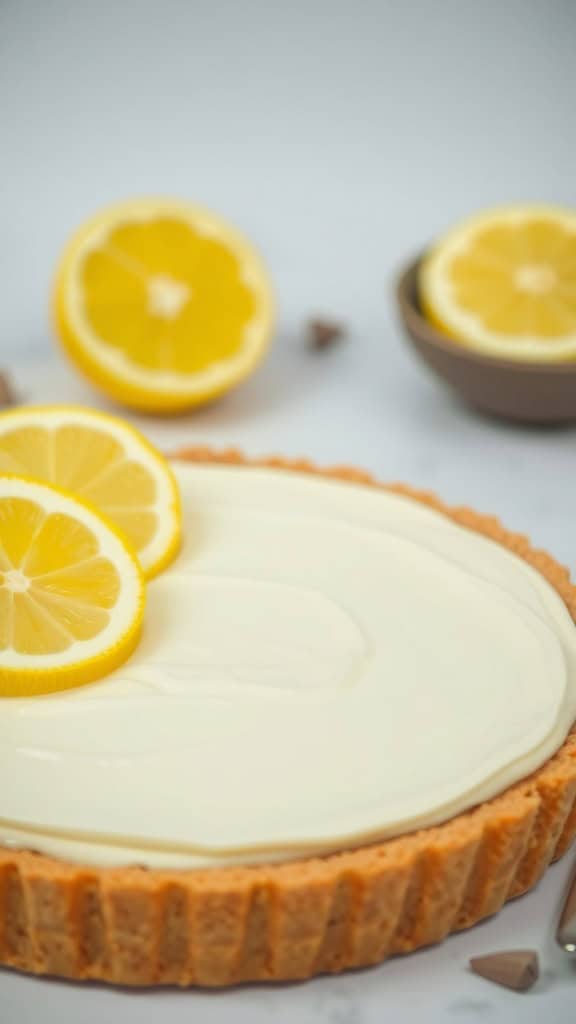 A delicious Lemon Icebox Pie topped with lemon slices.