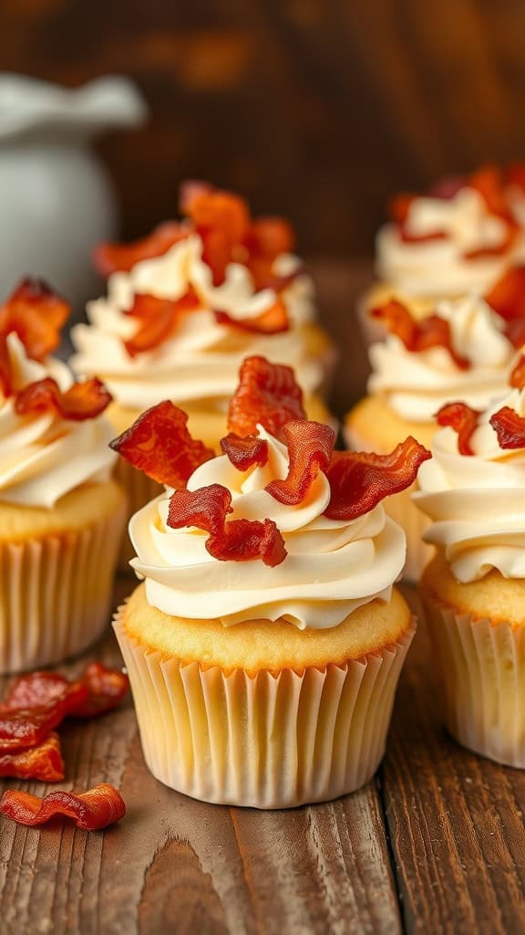 Delicious maple bacon cupcakes topped with cream and crispy bacon bits.