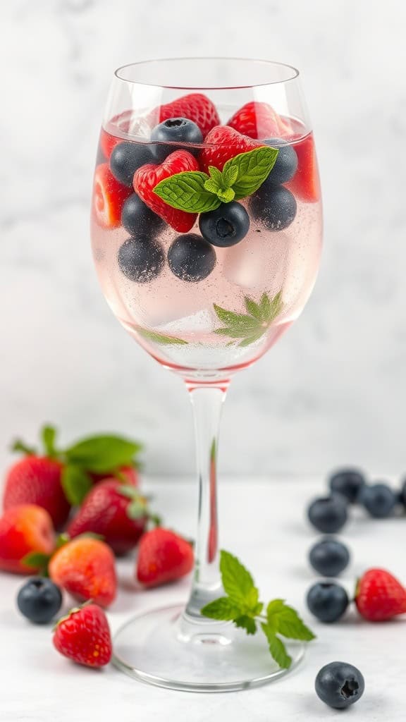 A refreshing Berry Spritzer in a glass filled with strawberries and blueberries, garnished with mint.