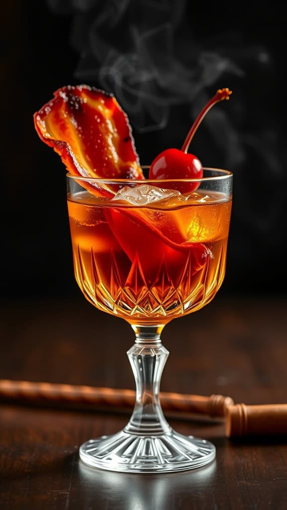 A Smoky Bacon Old Fashioned cocktail garnished with candied bacon and a cherry, served in an elegant glass.