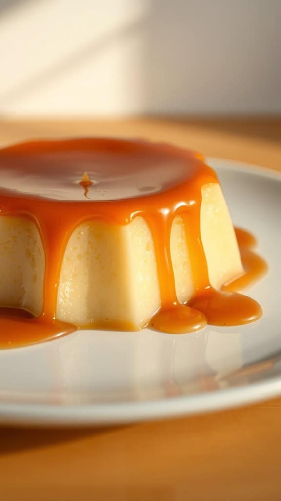 A delightful caramel flan served on a plate, oozing with caramel sauce.