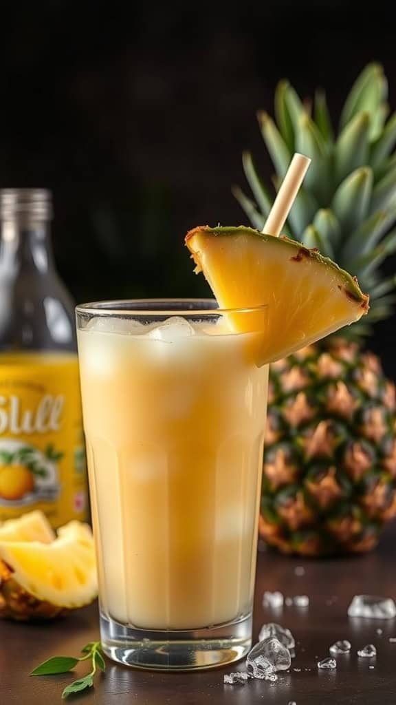 A refreshing pineapple cream soda topped with a pineapple slice, resting on a table